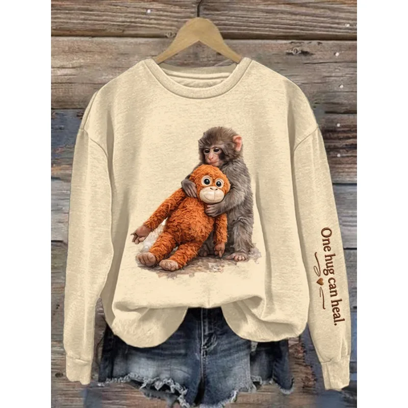 ilstile Women's One Hug Can Heal Print Sweatshirts Autumn Long Sleeve Casual Loose Round Neck Hoodies Black Hot Sale