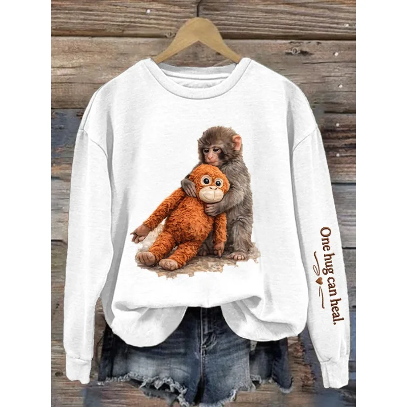 ilstile Women's One Hug Can Heal Print Sweatshirts Autumn Long Sleeve Casual Loose Round Neck Hoodies Black Hot Sale