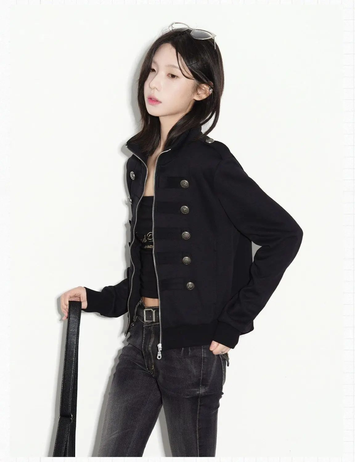 New Vintage Napoleon Style Women Jacket Stand Collar Double Breasted Decor Button Epaulet Zip‑Up Short Sweatshirt Coat