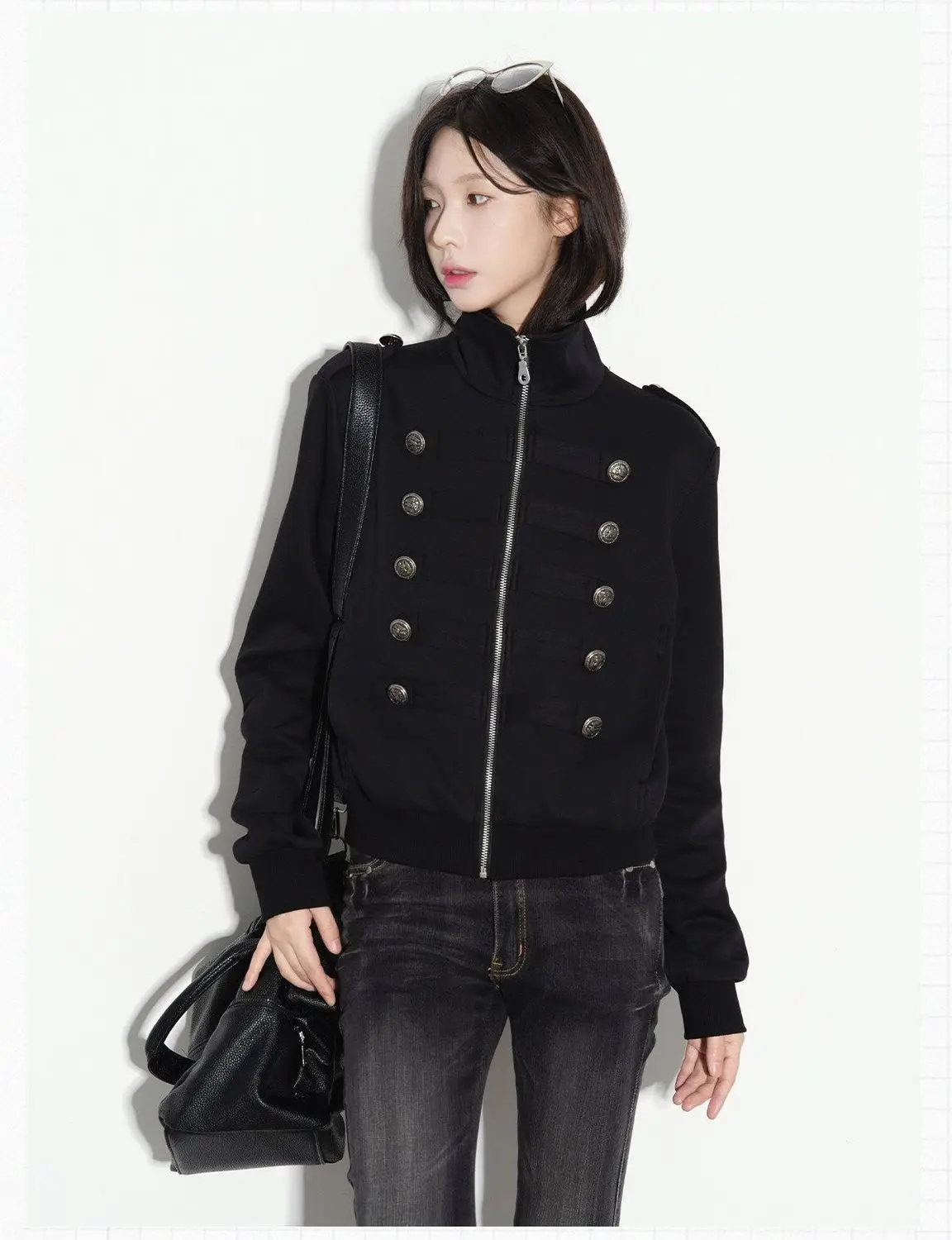 New Vintage Napoleon Style Women Jacket Stand Collar Double Breasted Decor Button Epaulet Zip‑Up Short Sweatshirt Coat