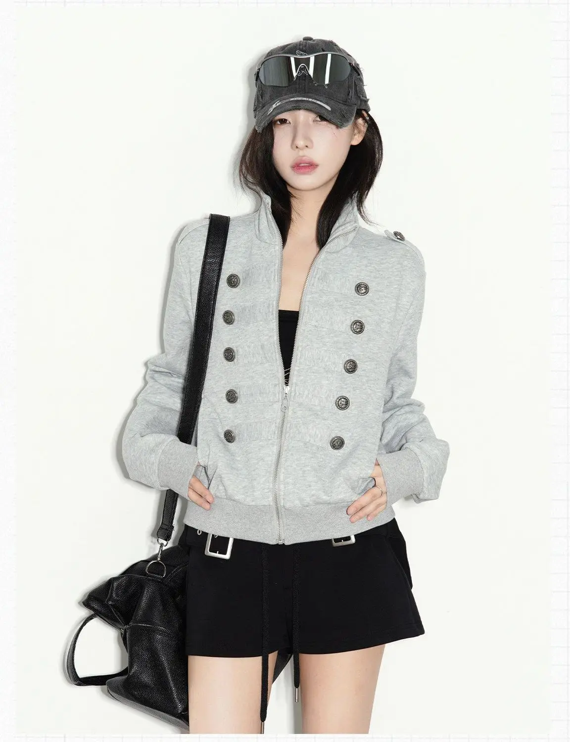 New Vintage Napoleon Style Women Jacket Stand Collar Double Breasted Decor Button Epaulet Zip‑Up Short Sweatshirt Coat