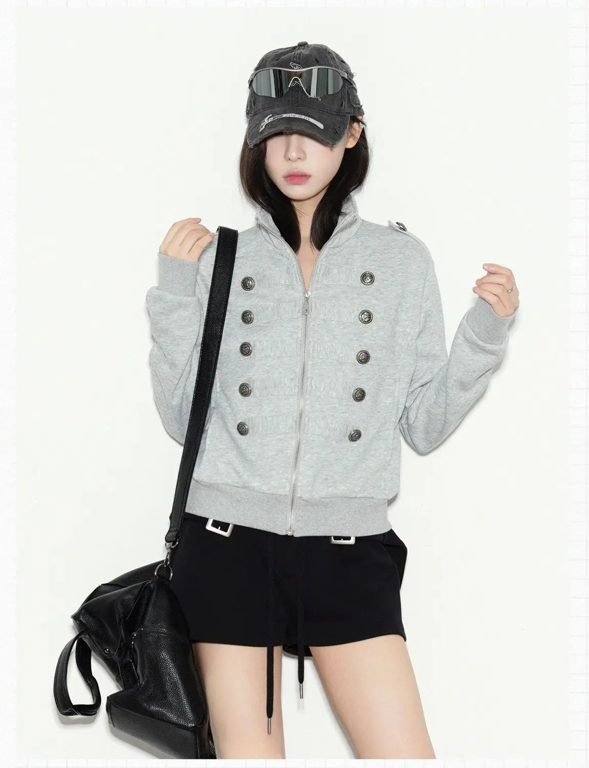 New Vintage Napoleon Style Women Jacket Stand Collar Double Breasted Decor Button Epaulet Zip‑Up Short Sweatshirt Coat