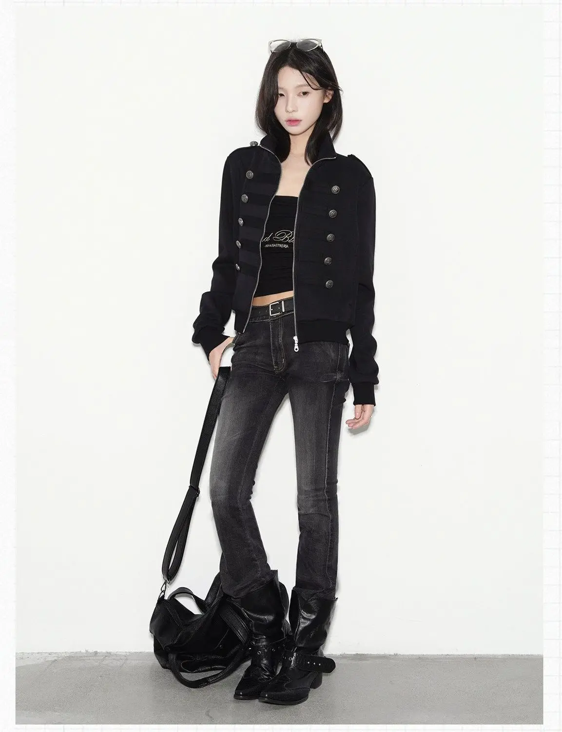 New Vintage Napoleon Style Women Jacket Stand Collar Double Breasted Decor Button Epaulet Zip‑Up Short Sweatshirt Coat