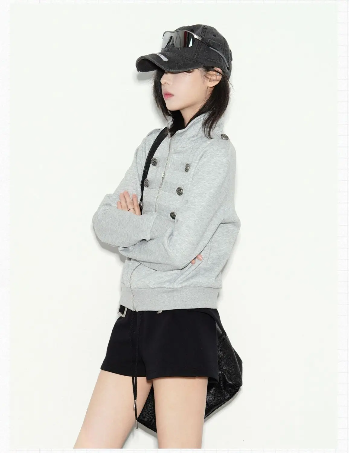 New Vintage Napoleon Style Women Jacket Stand Collar Double Breasted Decor Button Epaulet Zip‑Up Short Sweatshirt Coat
