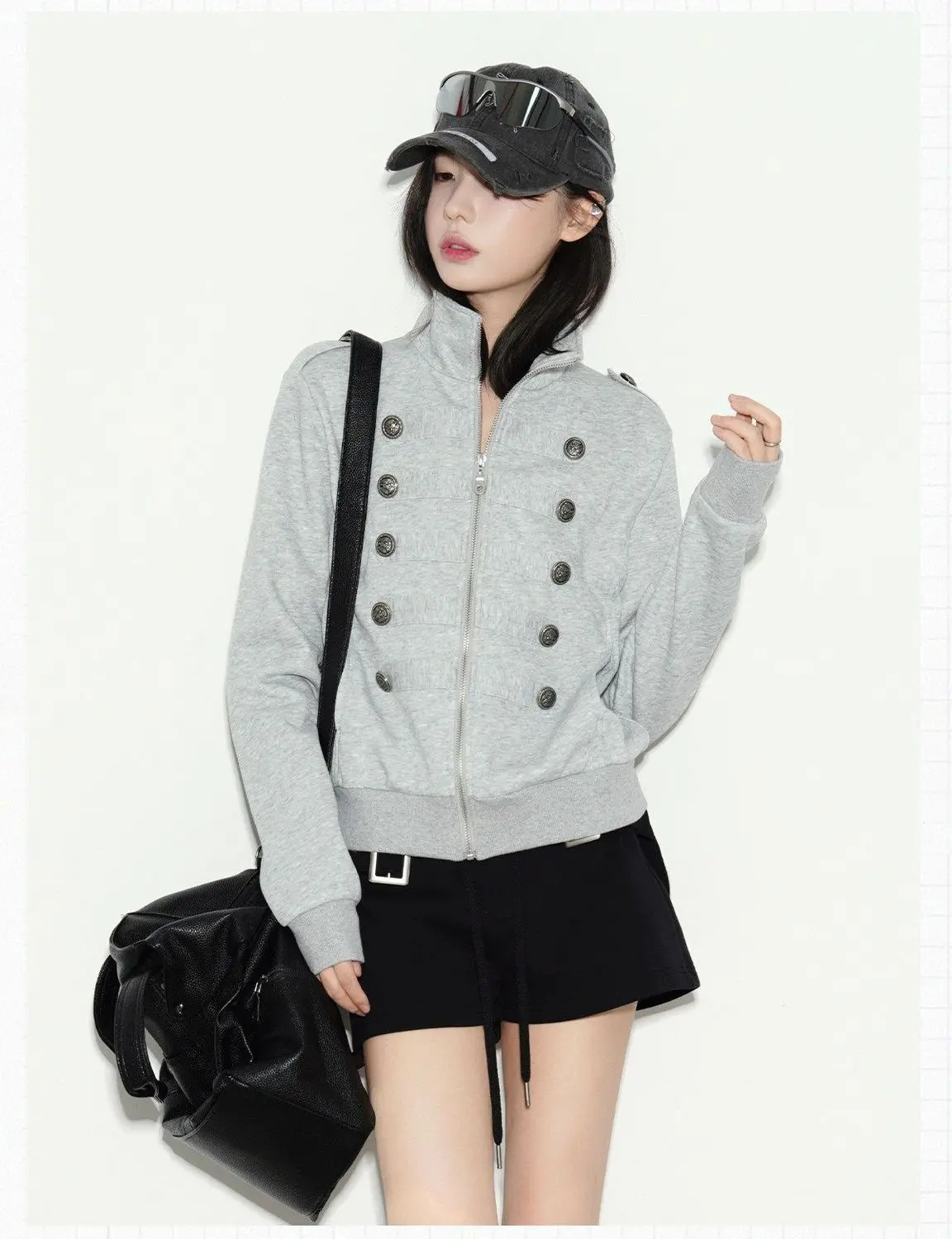 New Vintage Napoleon Style Women Jacket Stand Collar Double Breasted Decor Button Epaulet Zip‑Up Short Sweatshirt Coat