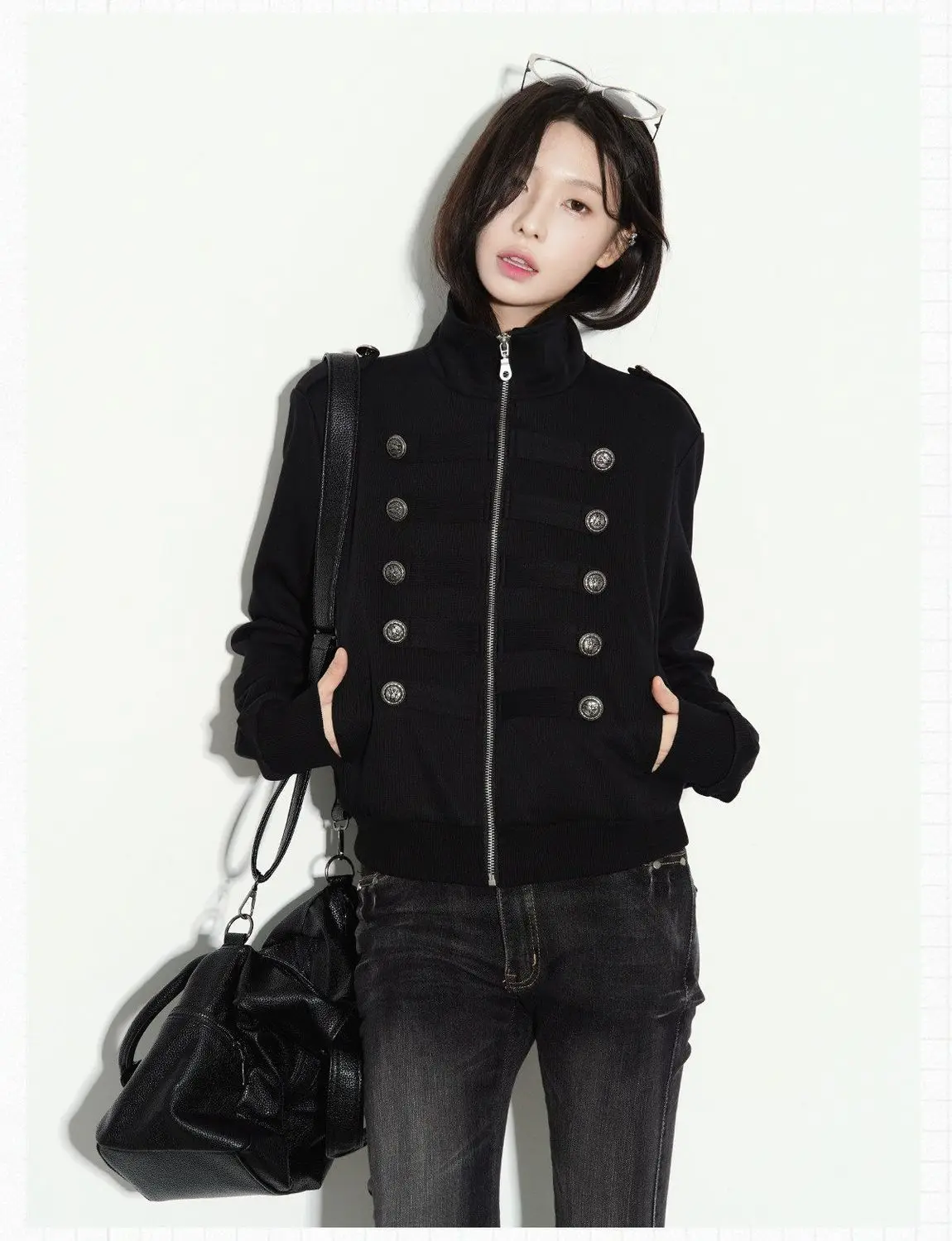 New Vintage Napoleon Style Women Jacket Stand Collar Double Breasted Decor Button Epaulet Zip‑Up Short Sweatshirt Coat