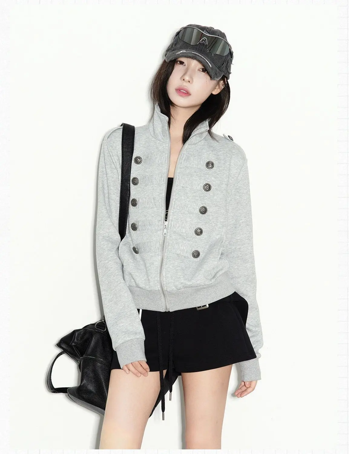 New Vintage Napoleon Style Women Jacket Stand Collar Double Breasted Decor Button Epaulet Zip‑Up Short Sweatshirt Coat