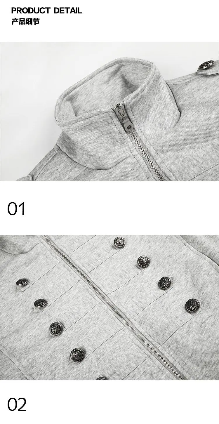 New Vintage Napoleon Style Women Jacket Stand Collar Double Breasted Decor Button Epaulet Zip‑Up Short Sweatshirt Coat