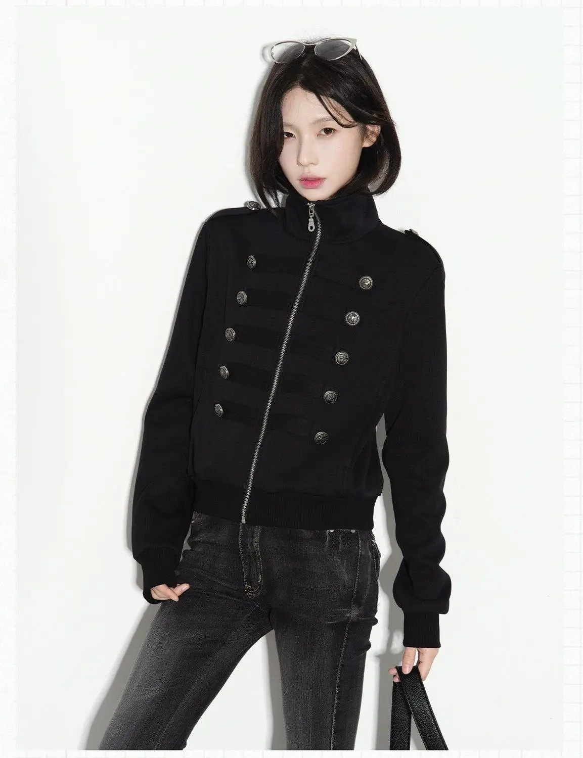 New Vintage Napoleon Style Women Jacket Stand Collar Double Breasted Decor Button Epaulet Zip‑Up Short Sweatshirt Coat
