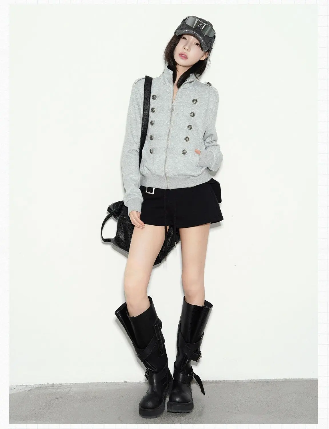 New Vintage Napoleon Style Women Jacket Stand Collar Double Breasted Decor Button Epaulet Zip‑Up Short Sweatshirt Coat