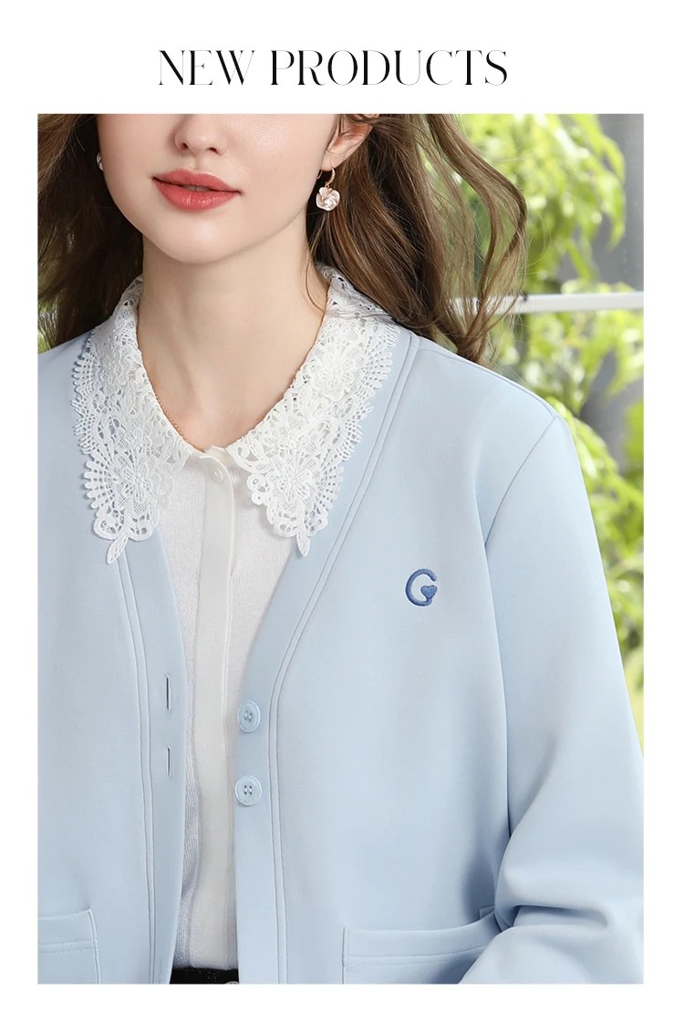 I BELIEVE YOU Blue V‑Neck Embroidery Sweatshirt Coat for Women 2026 Autumn Commuter Loose Versatile Cotton Outerwear 2263186492