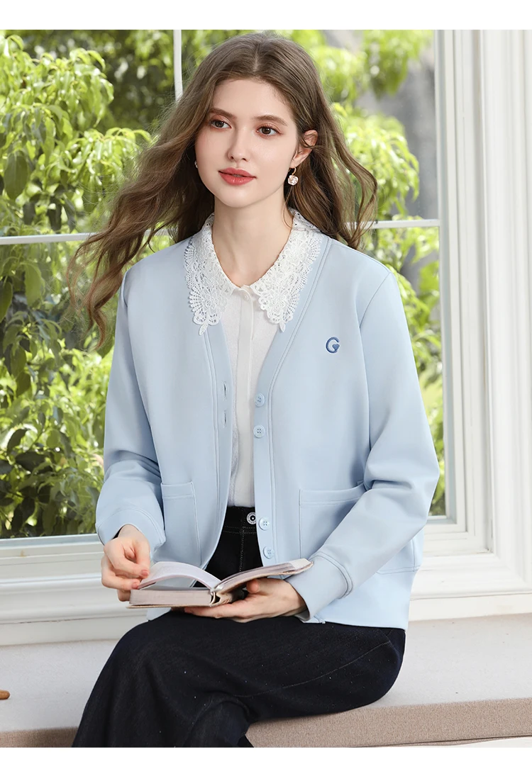 I BELIEVE YOU Blue V‑Neck Embroidery Sweatshirt Coat for Women 2026 Autumn Commuter Loose Versatile Cotton Outerwear 2263186492