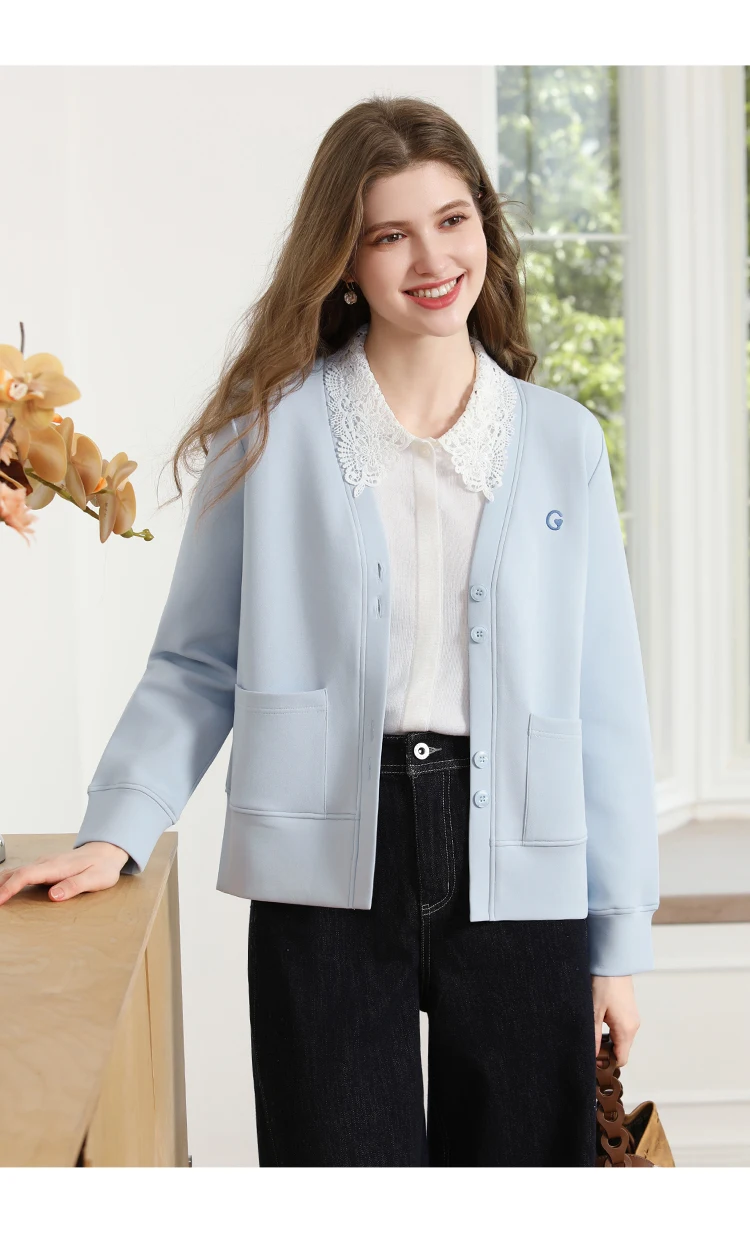 I BELIEVE YOU Blue V‑Neck Embroidery Sweatshirt Coat for Women 2026 Autumn Commuter Loose Versatile Cotton Outerwear 2263186492