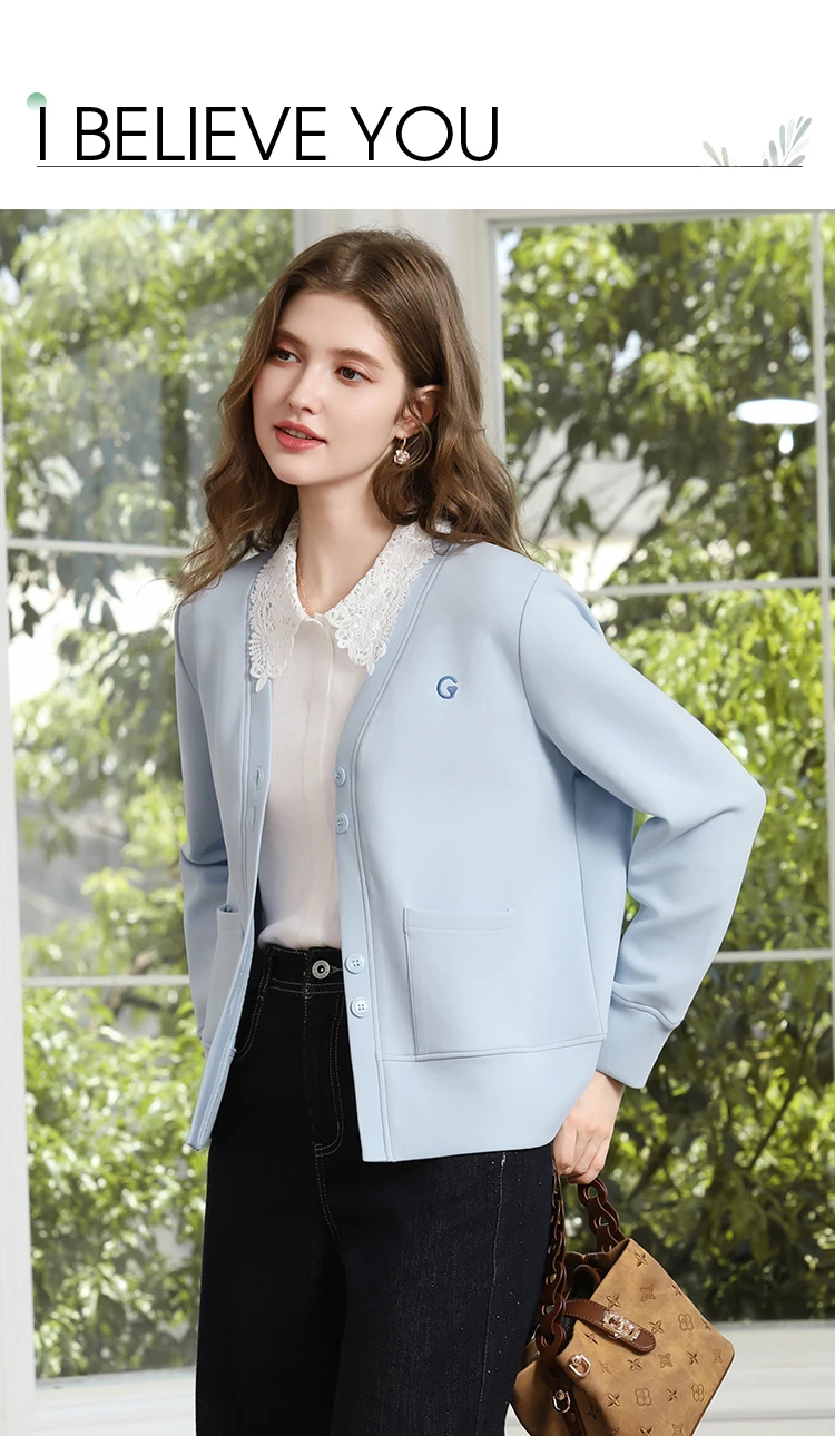 I BELIEVE YOU Blue V‑Neck Embroidery Sweatshirt Coat for Women 2026 Autumn Commuter Loose Versatile Cotton Outerwear 2263186492