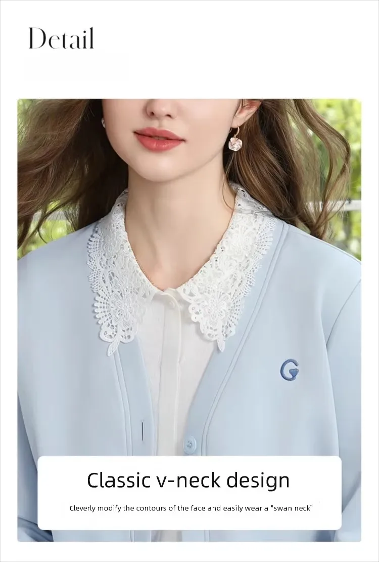 I BELIEVE YOU Blue V‑Neck Embroidery Sweatshirt Coat for Women 2026 Autumn Commuter Loose Versatile Cotton Outerwear 2263186492
