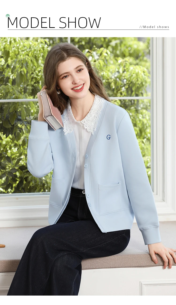 I BELIEVE YOU Blue V‑Neck Embroidery Sweatshirt Coat for Women 2026 Autumn Commuter Loose Versatile Cotton Outerwear 2263186492
