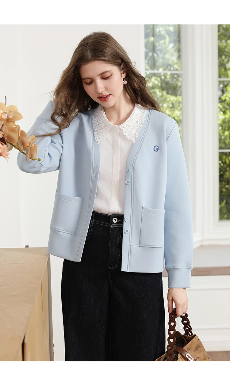 I BELIEVE YOU Blue V‑Neck Embroidery Sweatshirt Coat for Women 2026 Autumn Commuter Loose Versatile Cotton Outerwear 2263186492