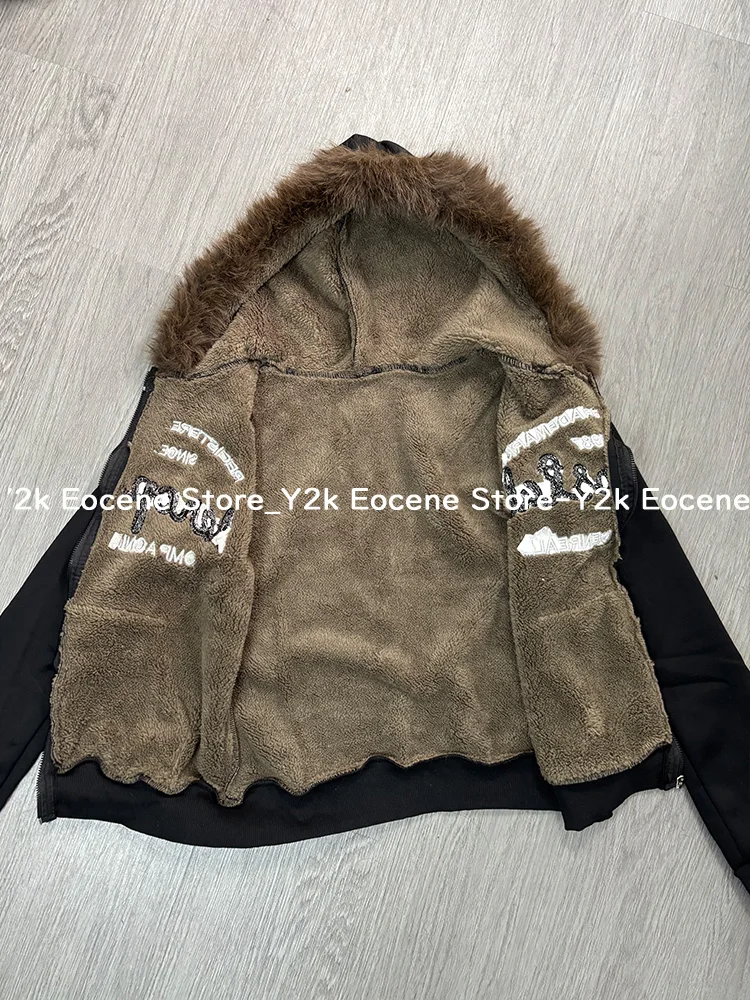 Vintage Letter Fur Collar Hooded Sweatshirt Autumn Winter Zipper Y2K Retro Fleece Jacket Harajuku Embroidery Plush Dark Fashion