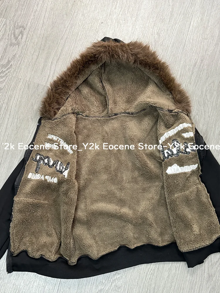 Vintage Letter Fur Collar Hooded Sweatshirt Autumn Winter Zipper Y2K Retro Fleece Jacket Harajuku Embroidery Plush Dark Fashion
