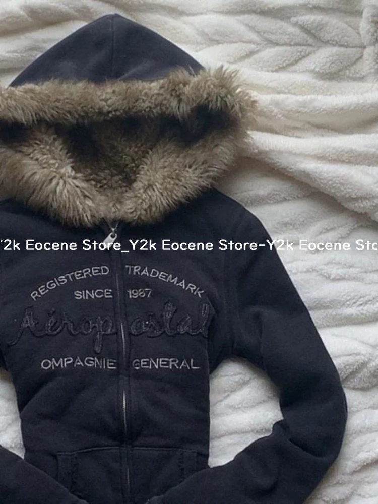 Vintage Letter Fur Collar Hooded Sweatshirt Autumn Winter Zipper Y2K Retro Fleece Jacket Harajuku Embroidery Plush Dark Fashion