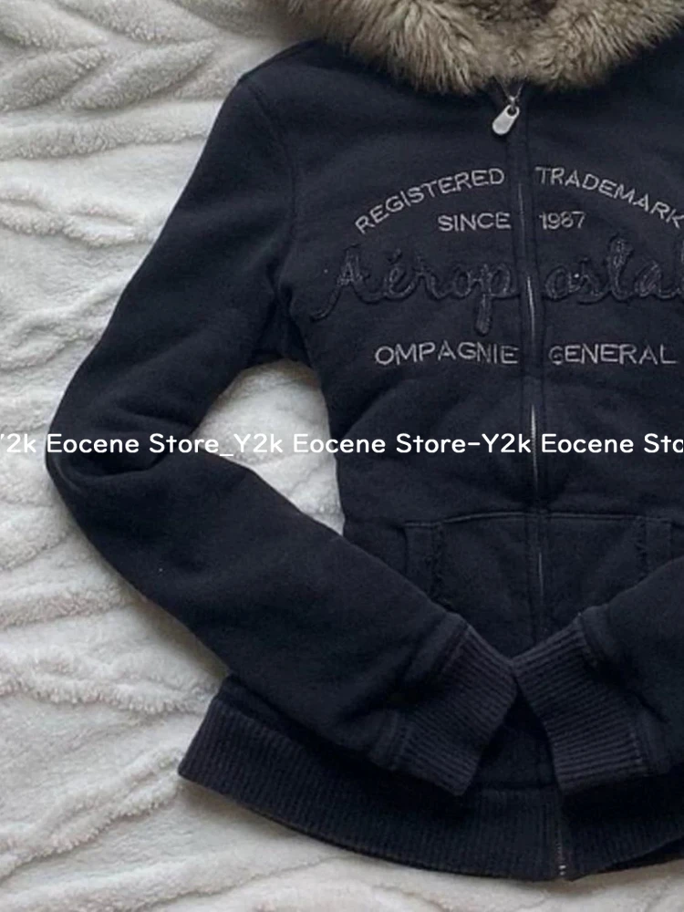 Vintage Letter Fur Collar Hooded Sweatshirt Autumn Winter Zipper Y2K Retro Fleece Jacket Harajuku Embroidery Plush Dark Fashion