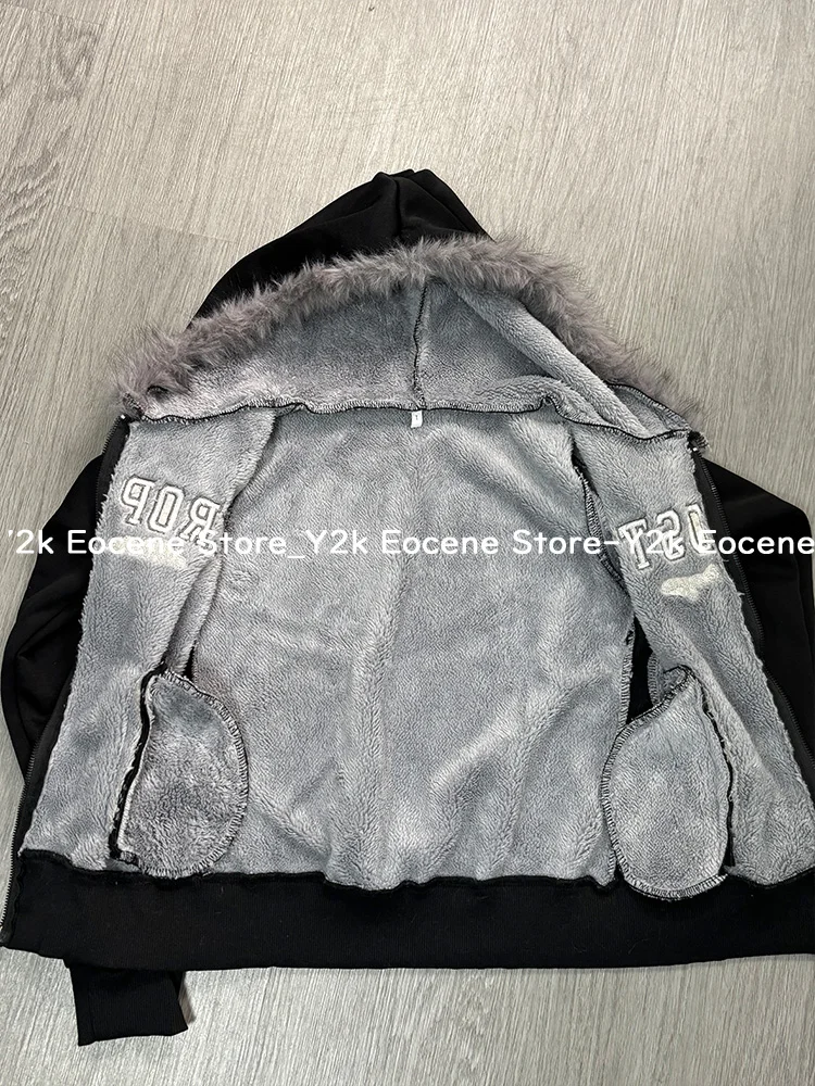 Vintage Letter Fur Collar Hooded Sweatshirt Autumn Winter Zipper Y2K Retro Fleece Jacket Harajuku Embroidery Plush Dark Fashion