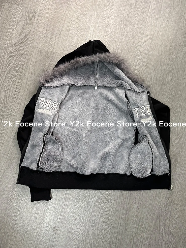 Vintage Letter Fur Collar Hooded Sweatshirt Autumn Winter Zipper Y2K Retro Fleece Jacket Harajuku Embroidery Plush Dark Fashion