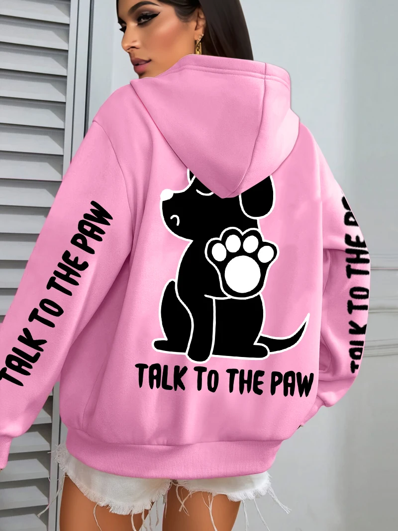 Talk To The Paw Cartoon Dog Printwomens Hoodies Loose Y2K Hoody Fleece Pocket Hoodie Autumn Multicolor Female Sportswear