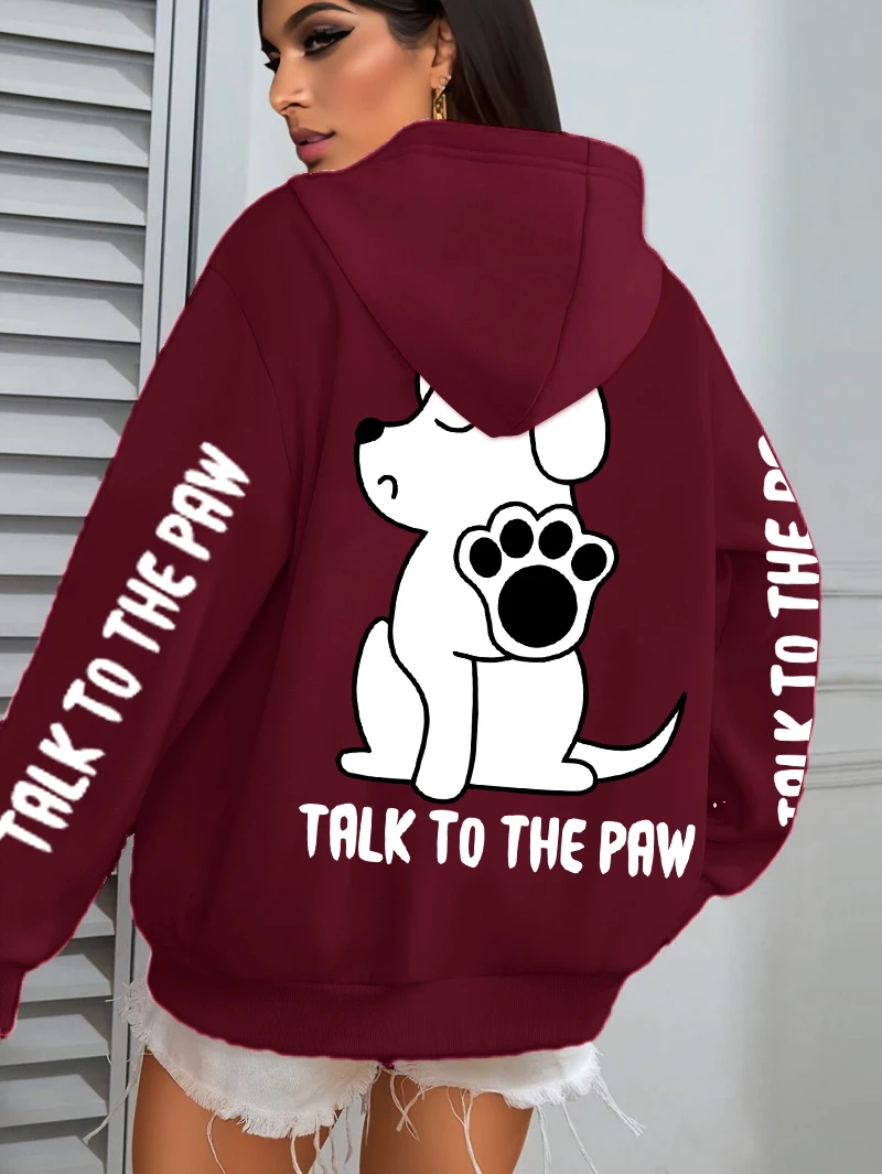 Talk To The Paw Cartoon Dog Printwomens Hoodies Loose Y2K Hoody Fleece Pocket Hoodie Autumn Multicolor Female Sportswear