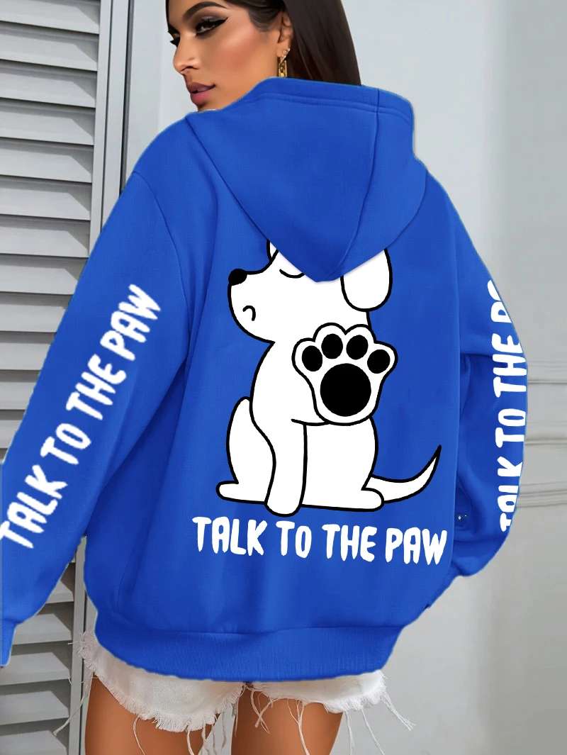 Talk To The Paw Cartoon Dog Printwomens Hoodies Loose Y2K Hoody Fleece Pocket Hoodie Autumn Multicolor Female Sportswear