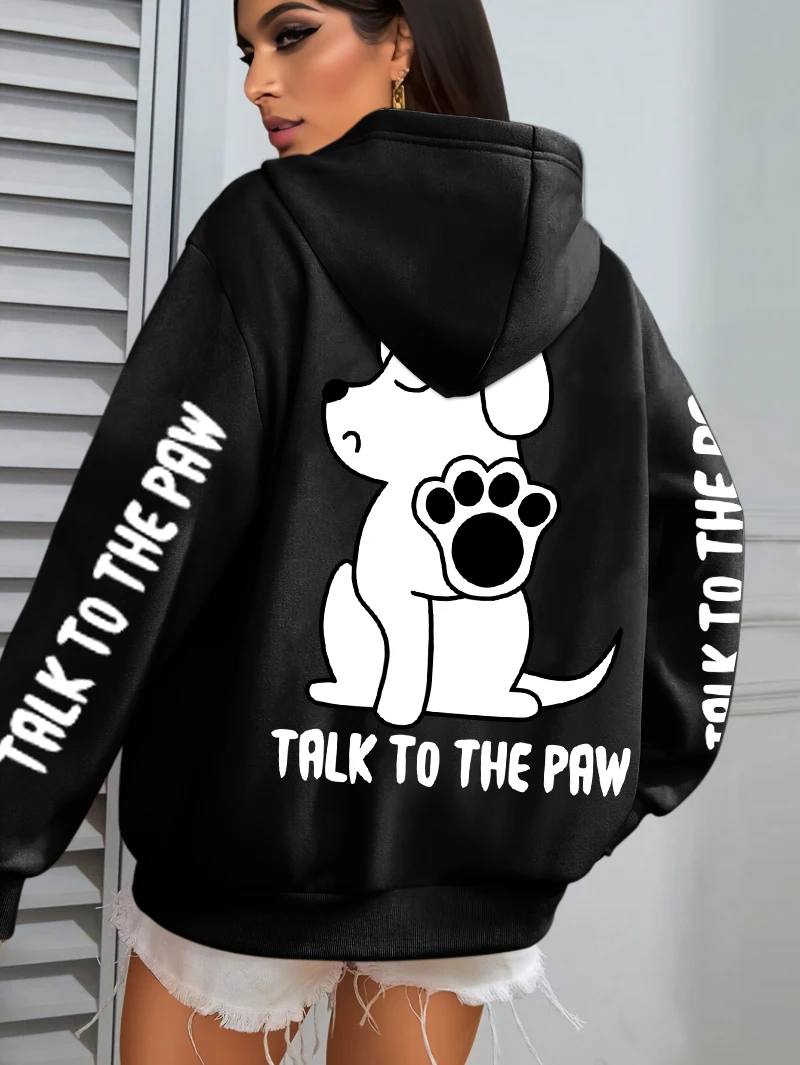Talk To The Paw Cartoon Dog Printwomens Hoodies Loose Y2K Hoody Fleece Pocket Hoodie Autumn Multicolor Female Sportswear