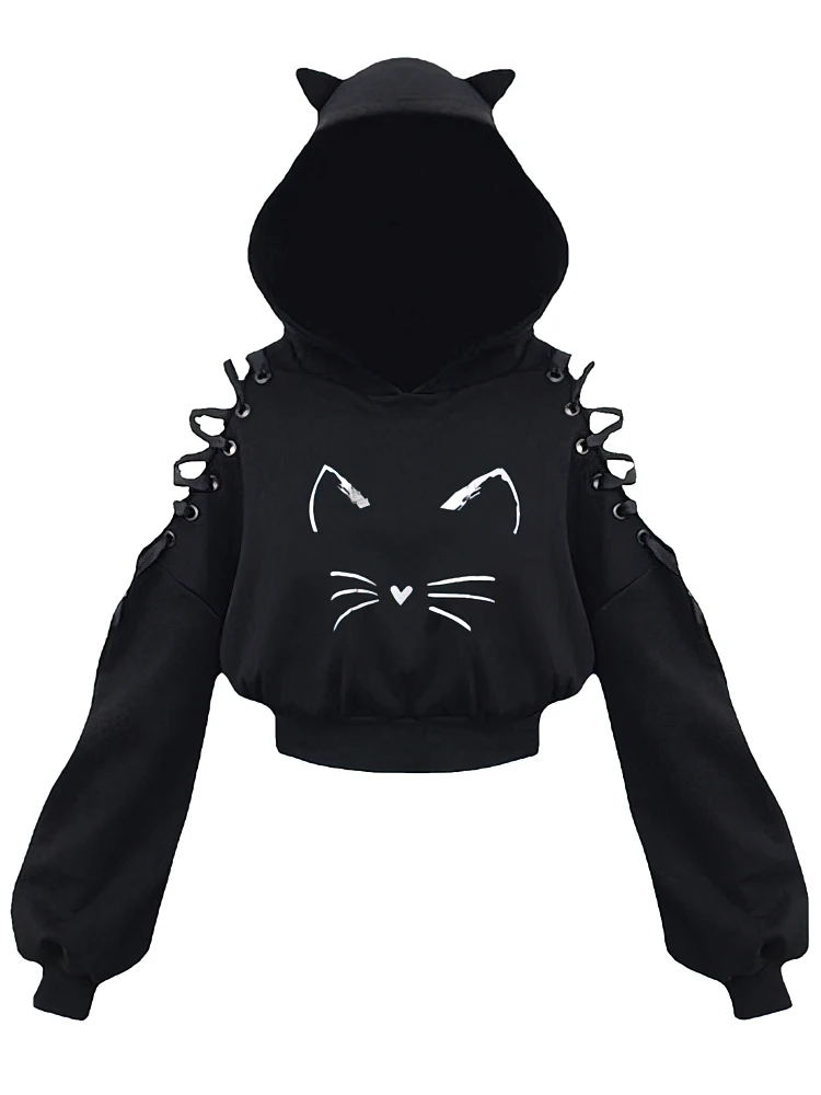Y2k Off shoulder Hoodies Women Gothic Vintage Cat Graphic Sweatshirt Long sleeve Lace-up Crop Top Black Thick Basic Tees Shirt
