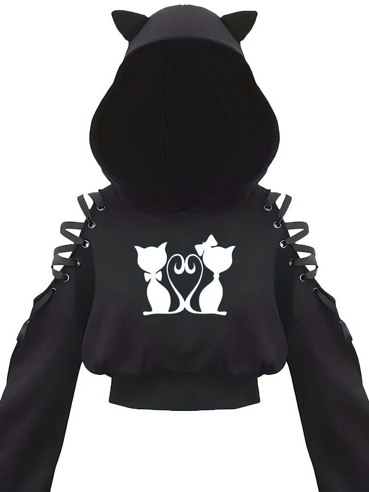 Y2k Off shoulder Hoodies Women Gothic Vintage Cat Graphic Sweatshirt Long sleeve Lace-up Crop Top Black Thick Basic Tees Shirt