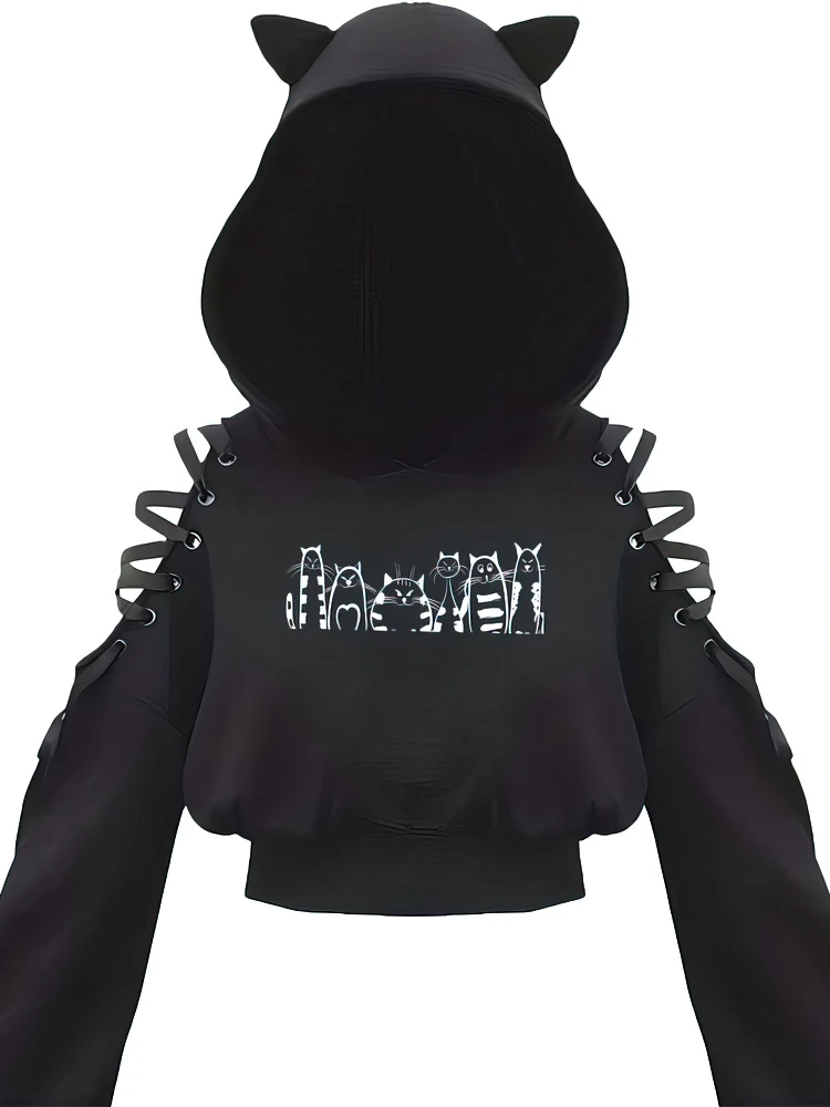 Y2k Off shoulder Hoodies Women Gothic Vintage Cat Graphic Sweatshirt Long sleeve Lace-up Crop Top Black Thick Basic Tees Shirt