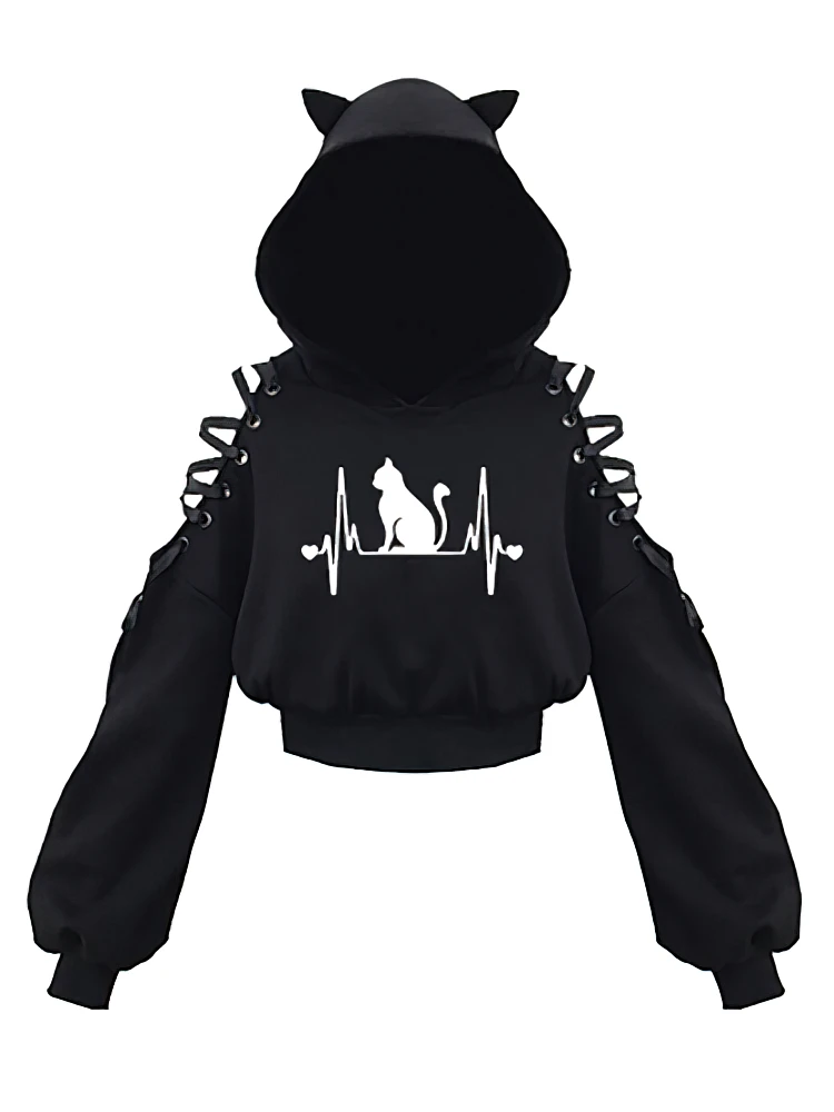 Y2k Off shoulder Hoodies Women Gothic Vintage Cat Graphic Sweatshirt Long sleeve Lace-up Crop Top Black Thick Basic Tees Shirt