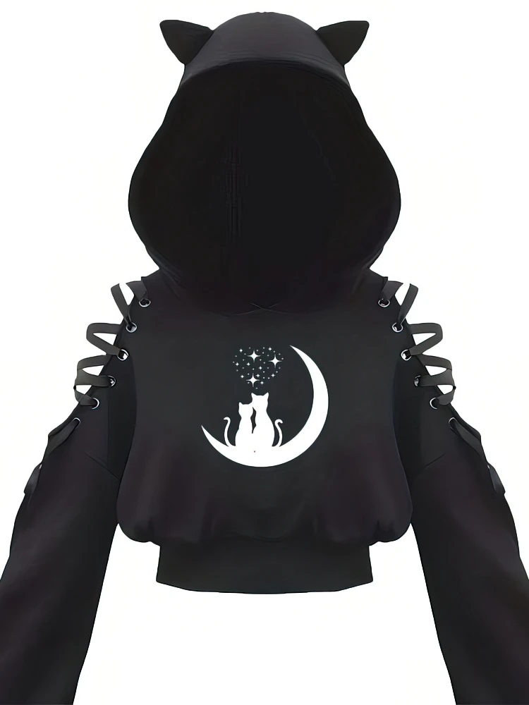 Y2k Off shoulder Hoodies Women Gothic Vintage Cat Graphic Sweatshirt Long sleeve Lace-up Crop Top Black Thick Basic Tees Shirt