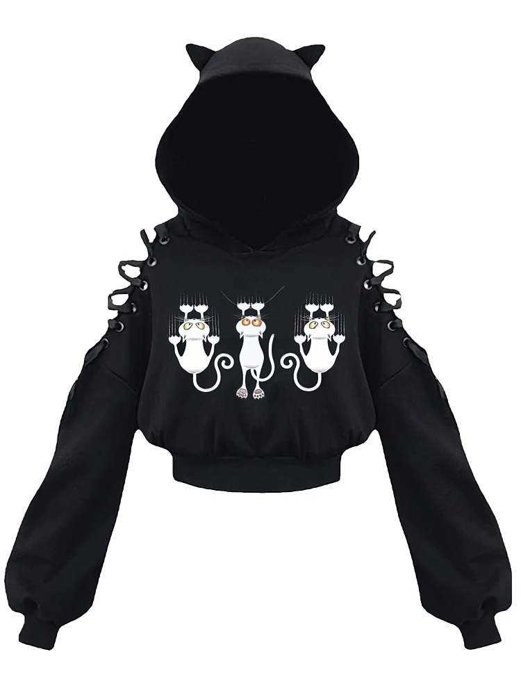 Y2k Off shoulder Hoodies Women Gothic Vintage Cat Graphic Sweatshirt Long sleeve Lace-up Crop Top Black Thick Basic Tees Shirt