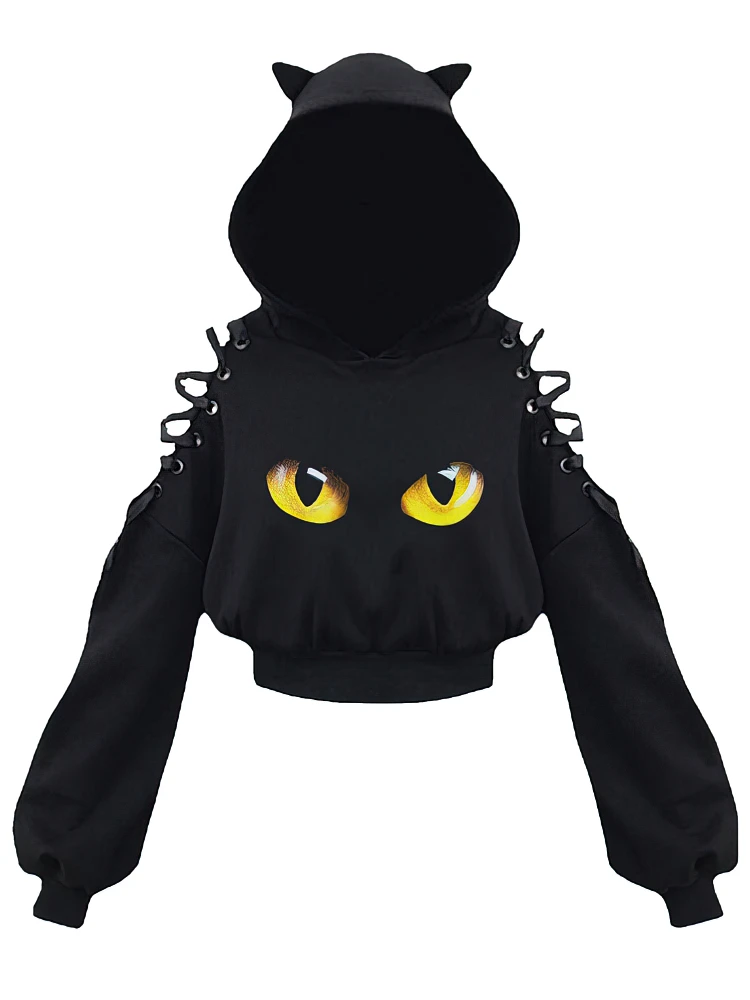 Y2k Off shoulder Hoodies Women Gothic Vintage Cat Graphic Sweatshirt Long sleeve Lace-up Crop Top Black Thick Basic Tees Shirt