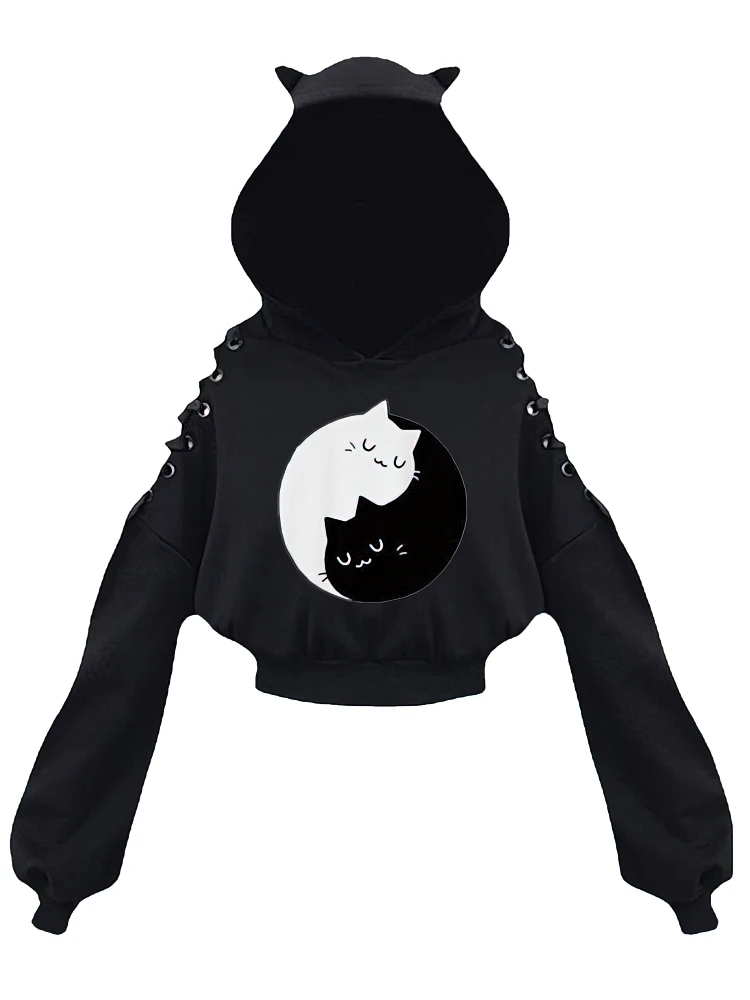 Y2k Off shoulder Hoodies Women Gothic Vintage Cat Graphic Sweatshirt Long sleeve Lace-up Crop Top Black Thick Basic Tees Shirt