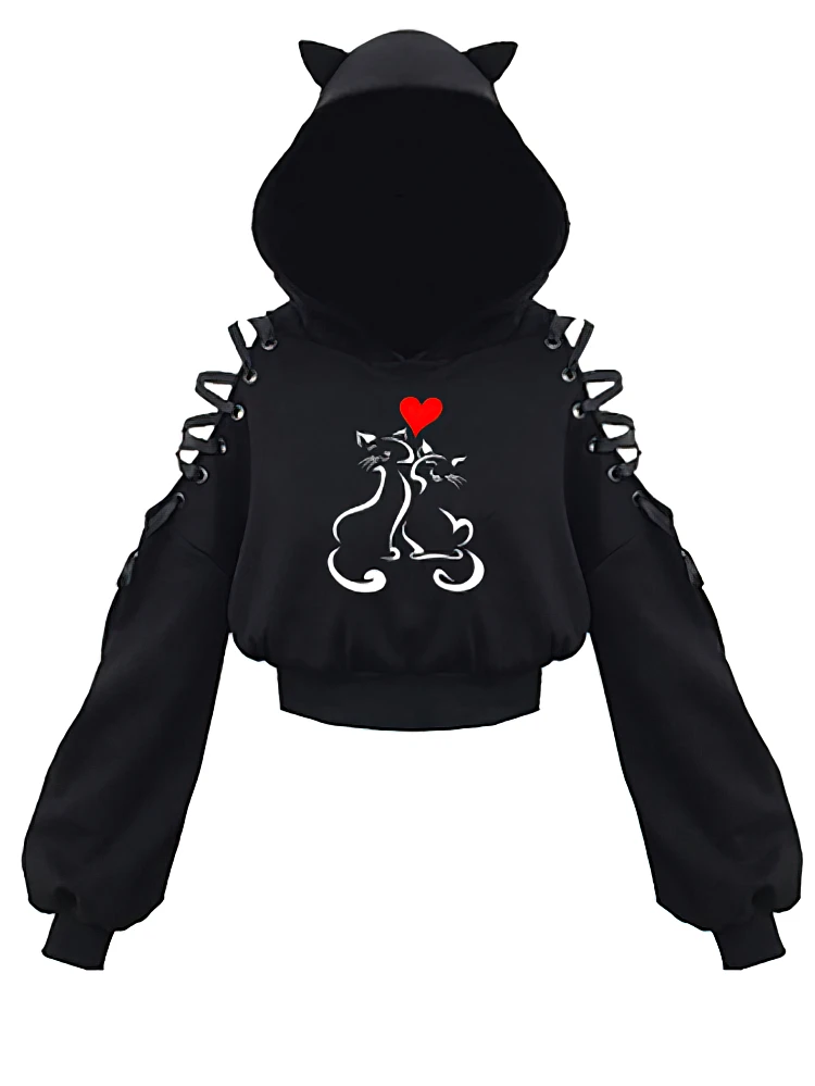 Y2k Off shoulder Hoodies Women Gothic Vintage Cat Graphic Sweatshirt Long sleeve Lace-up Crop Top Black Thick Basic Tees Shirt