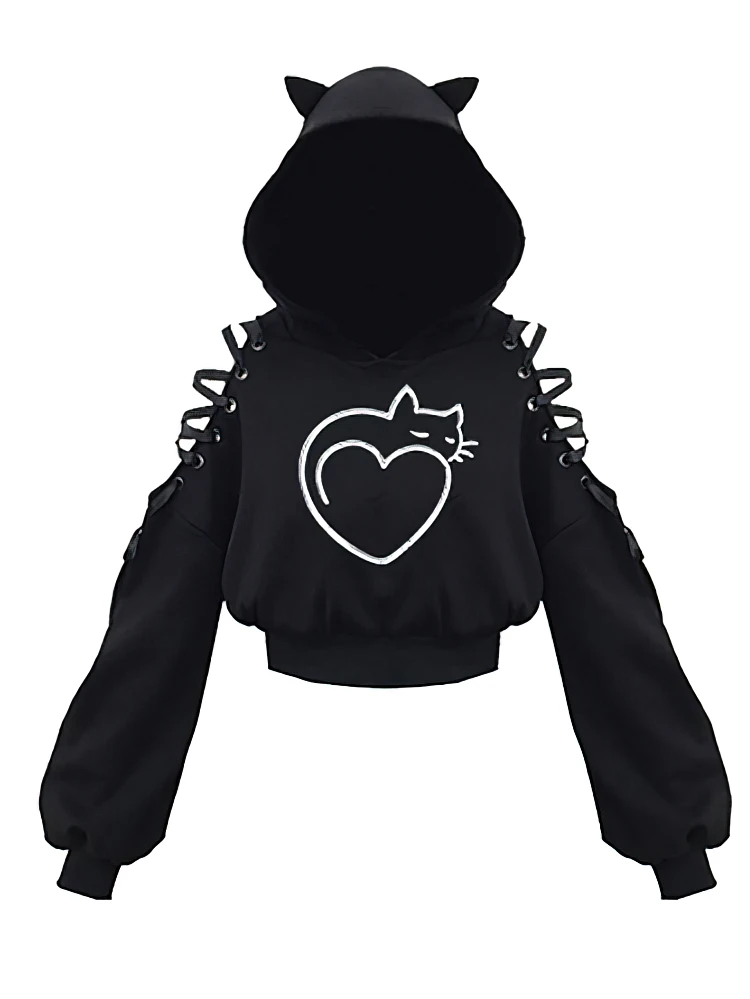 Y2k Off shoulder Hoodies Women Gothic Vintage Cat Graphic Sweatshirt Long sleeve Lace-up Crop Top Black Thick Basic Tees Shirt