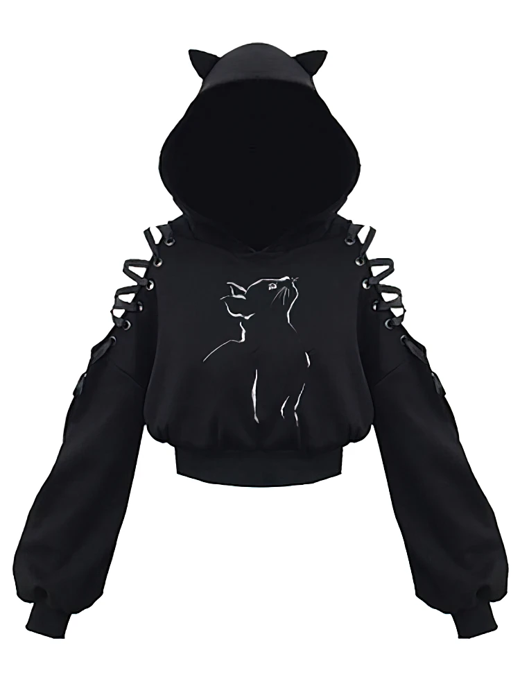 Y2k Off shoulder Hoodies Women Gothic Vintage Cat Graphic Sweatshirt Long sleeve Lace-up Crop Top Black Thick Basic Tees Shirt