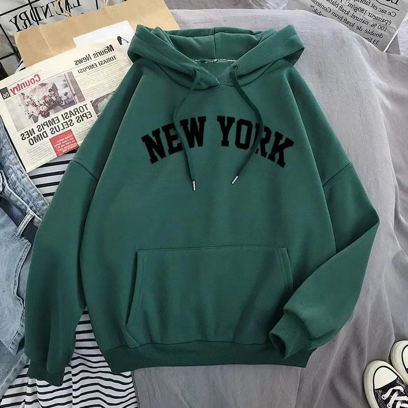 Hoodie Europe and America Sweatshirts for Women New York Letter y2k Autumn Winter Oversized Plus Velvet Casual Loose Fleece Tops