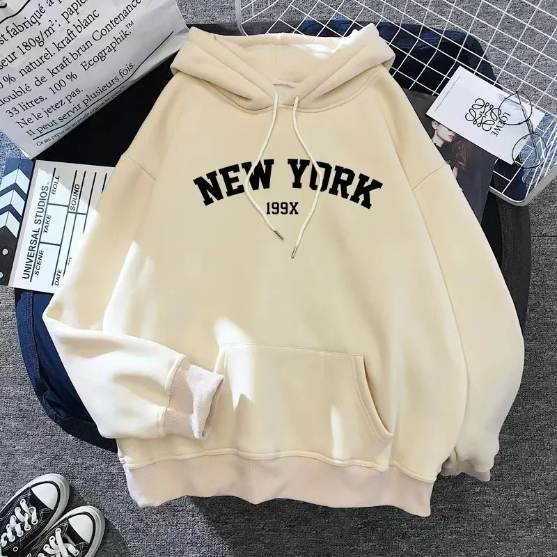 Hoodie Europe and America Sweatshirts for Women New York Letter y2k Autumn Winter Oversized Plus Velvet Casual Loose Fleece Tops