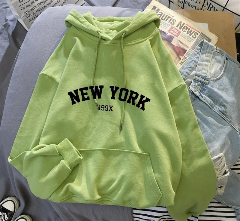Hoodie Europe and America Sweatshirts for Women New York Letter y2k Autumn Winter Oversized Plus Velvet Casual Loose Fleece Tops