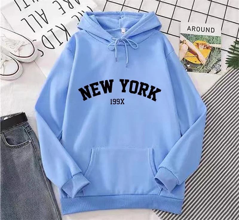 Hoodie Europe and America Sweatshirts for Women New York Letter y2k Autumn Winter Oversized Plus Velvet Casual Loose Fleece Tops