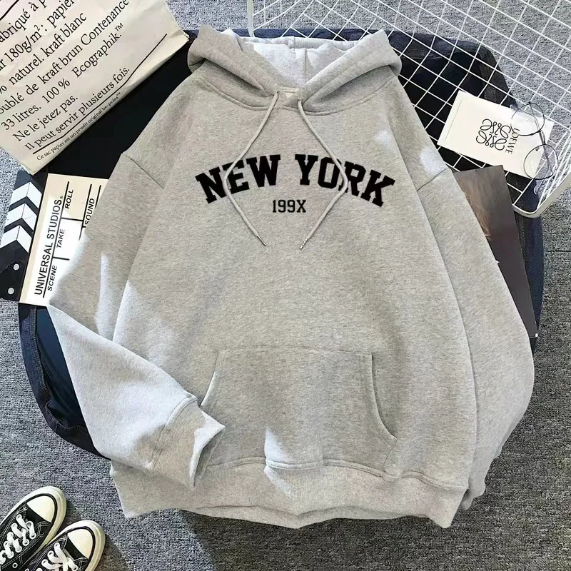 Hoodie Europe and America Sweatshirts for Women New York Letter y2k Autumn Winter Oversized Plus Velvet Casual Loose Fleece Tops