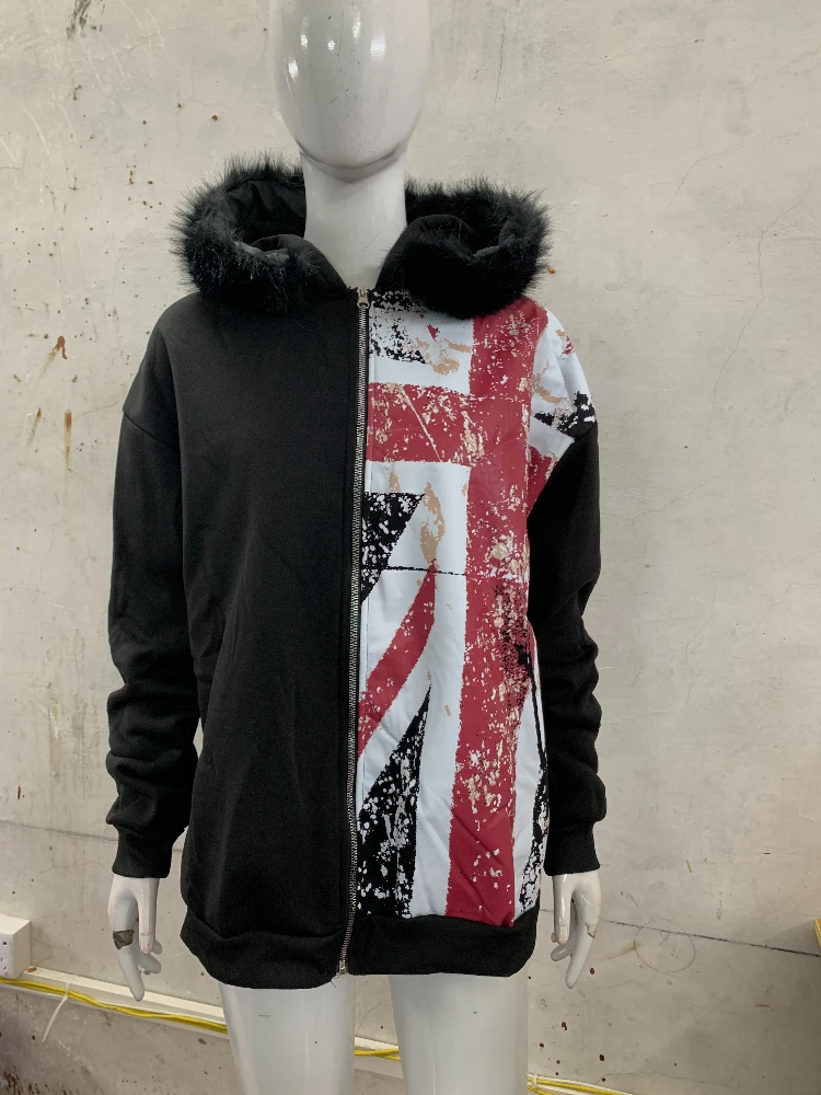 2025 Leather Collar National Flag Printed Zipper Sweatshirt Long Sleeve Pullover Hoodie Retro Jacket Street Y2K Popular Haircoat