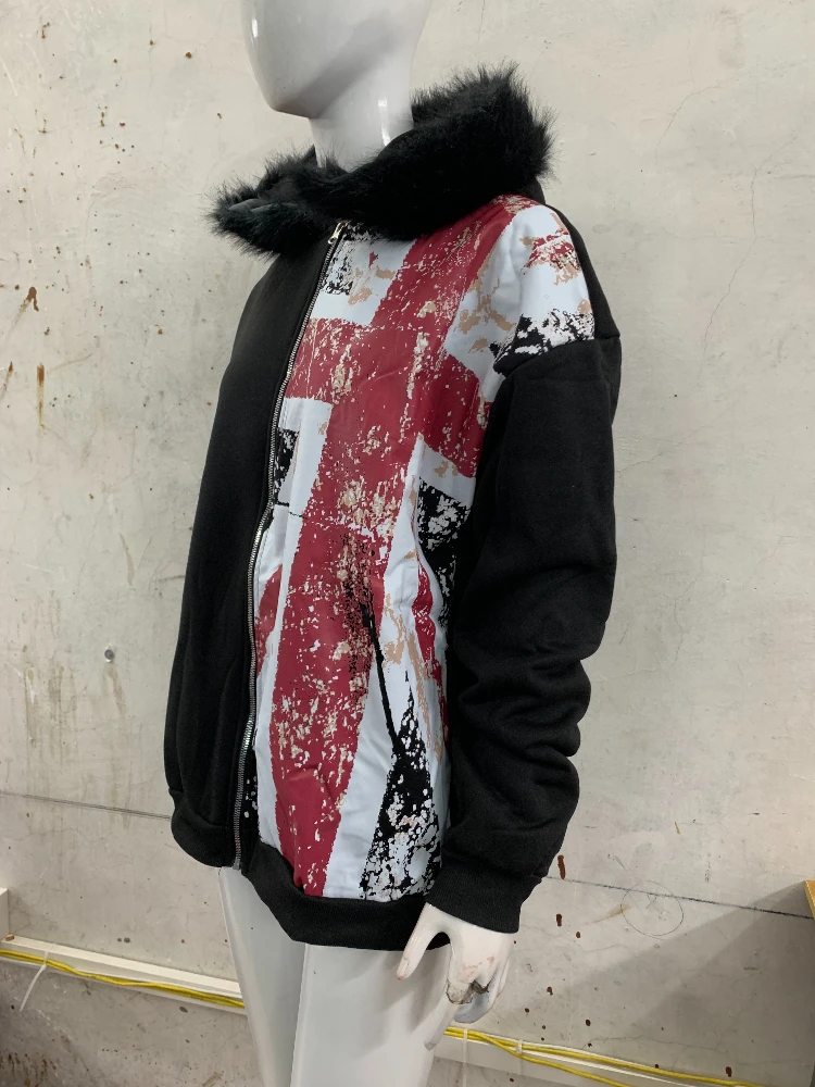 2025 Leather Collar National Flag Printed Zipper Sweatshirt Long Sleeve Pullover Hoodie Retro Jacket Street Y2K Popular Haircoat
