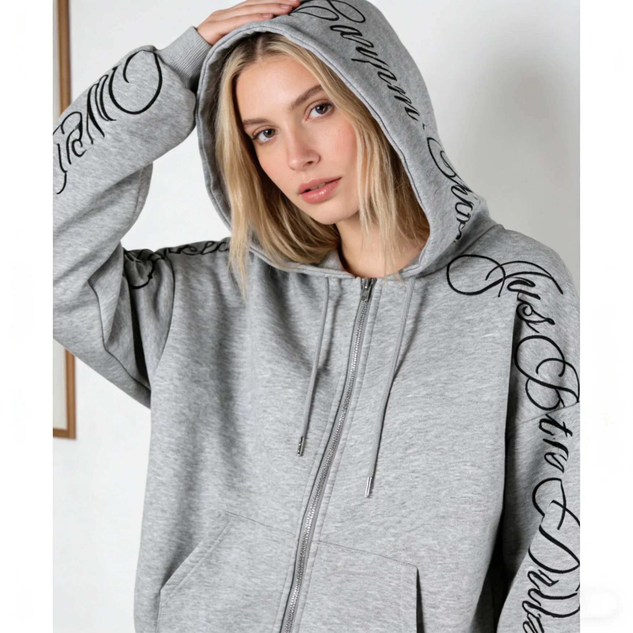 Ins Printed Zipper Hoodie Shorts Spicy Girl Y2K Set Long Sleeved Pullover Hoodie Retro